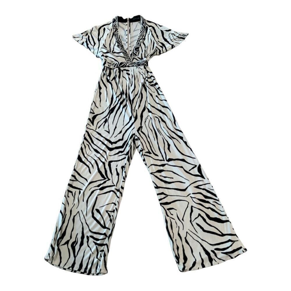ELIE TAHARI Women’s Y2K Short Sleeve Zebra Print Jumpsuit Cream/Black Size XS